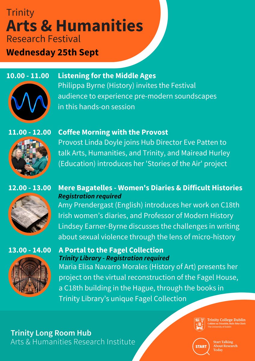 TLRHub's tweet image. Wednesday 🖼️📖

It&apos;s midweek magic at the Trinity Arts &amp;amp; Humanities Research Festival!🪄

☕️We&apos;ll have a #CoffeeMorning with Provost @LindaDoyle and end the day with a screening of &apos;Acts of Memory&apos; by @maclofski (remember to register for tickets!).🎫

 #TCDAHfest #HubMatters