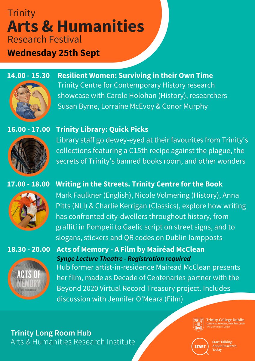TLRHub's tweet image. Wednesday 🖼️📖

It&apos;s midweek magic at the Trinity Arts &amp;amp; Humanities Research Festival!🪄

☕️We&apos;ll have a #CoffeeMorning with Provost @LindaDoyle and end the day with a screening of &apos;Acts of Memory&apos; by @maclofski (remember to register for tickets!).🎫

 #TCDAHfest #HubMatters