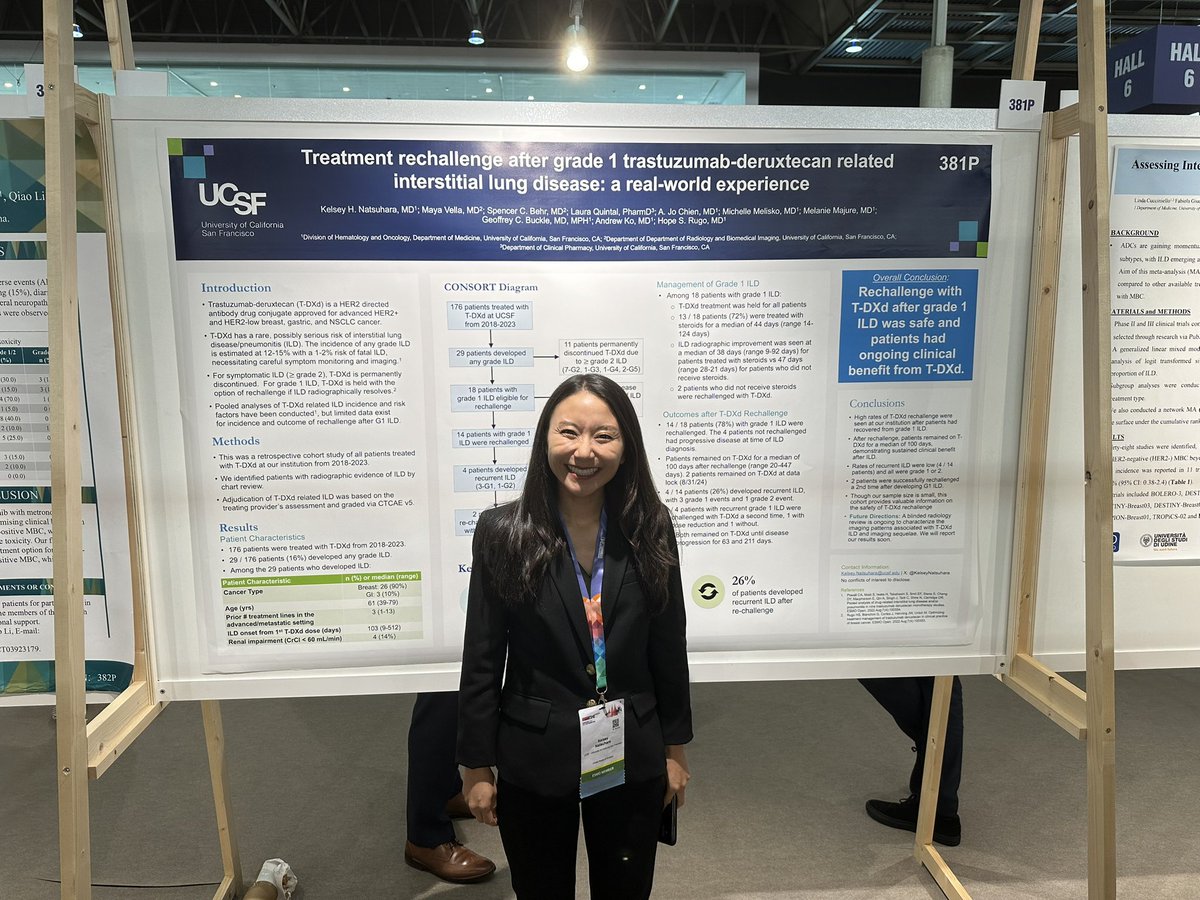 Laura Huppert, MD (@laura_huppert) on Twitter photo <a href="/KelseyNatsuhara/">Kelsey Natsuhara</a> (🌟 <a href="/UCSFCancer/">UCSF Helen Diller Family Comprehensive Cancer Ctr</a> fellow) presents real-world experience of T-DXd rechallenge after G1 ILD 🫁 - 74% had no recurrent ILD, 26% pts had recurrent ILD but some pts even rechallenged multiple times for G1 w/ ongoing clinical benefit from T-DXd. <a href="/hoperugo/">Hope Rugo</a> #ESMO2024 <a href="/KelseyNatsuhara/">Kelsey Natsuhara</a> (🌟 <a href="/UCSFCancer/">UCSF Helen Diller Family Comprehensive Cancer Ctr</a> fellow) presents real-world experience of T-DXd rechallenge after G1 ILD 🫁 - 74% had no recurrent ILD, 26% pts had recurrent ILD but some pts even rechallenged multiple times for G1 w/ ongoing clinical benefit from T-DXd. <a href="/hoperugo/">Hope Rugo</a> #ESMO2024