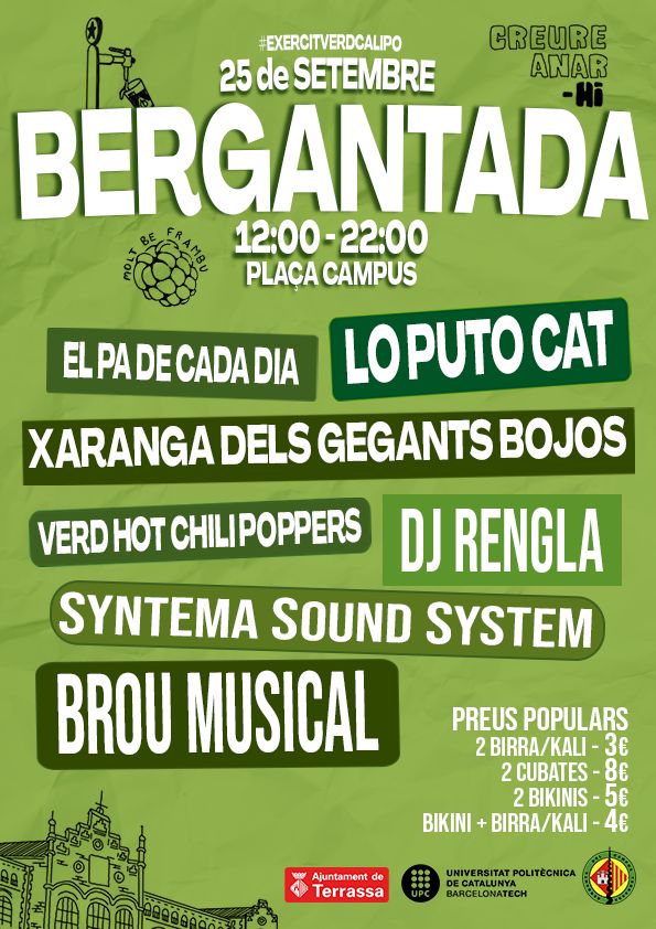 Benvolguts Bergants!

Ens plau anunciar el primer esdeveniment de la temporada, la Bergantada.💚

El dimecres 25 de setembre, de 12h a 22h a la Plaça Campus trobareu un espai de concerts, festa  i preus populars de barra. 🔊🍻

T’esperem! 🍋‍🟩

#excèrcitcalipo #bergantshooligans