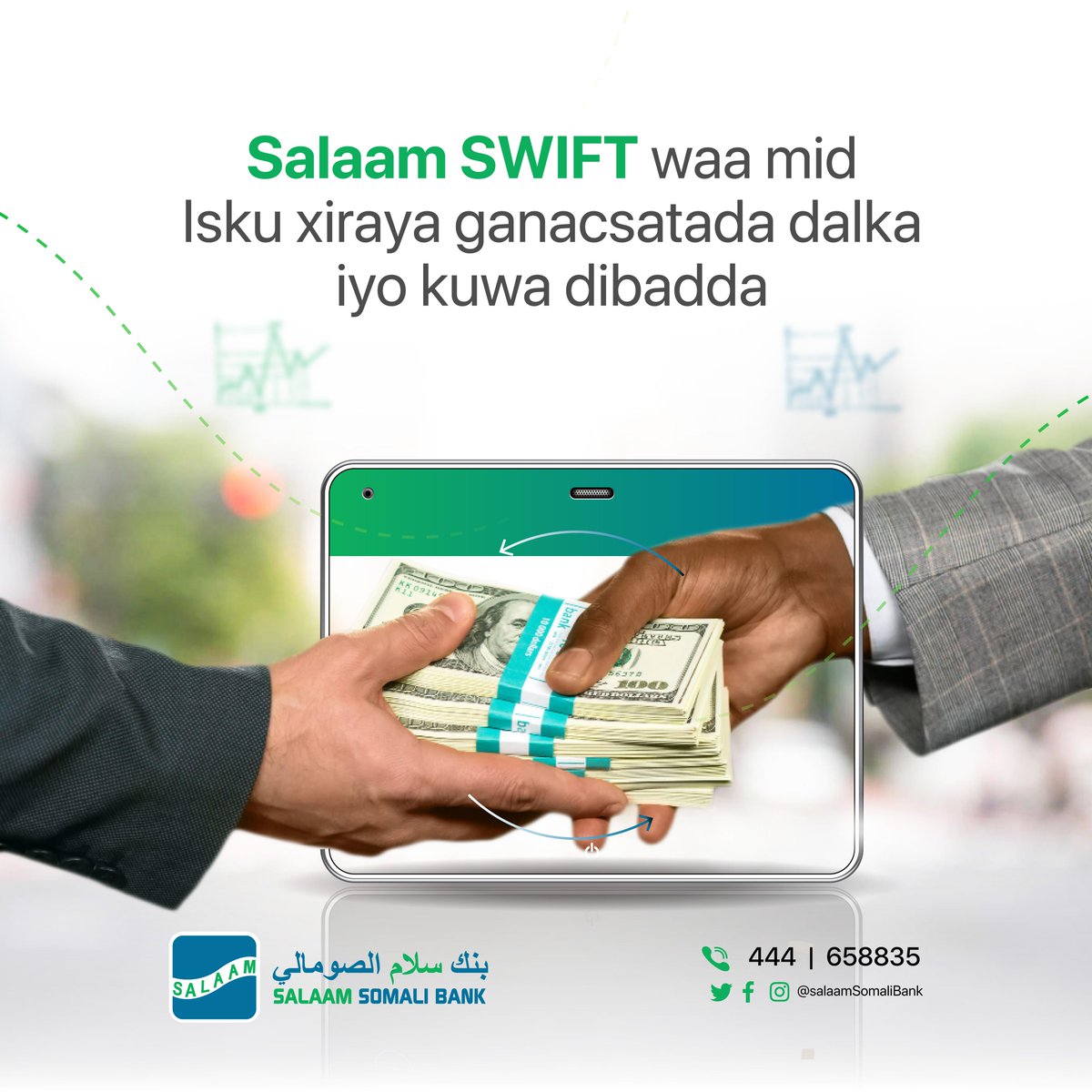 salaamsombank's tweet photo. Ganacsade, Adeegga SWIFT-ga ee Salaam Somali Bank, ku dirso lacagtaada hana laguugu soo diro si fudud Dunida oo dhan.
#SSBSWIFT #TT #Salaamsomalibank #The_leading_Bank https://t.co/3BA9GmuLty