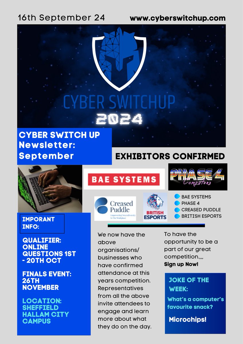 📰 ATTENTION: ISSUE 2 OF THE CYBERSWITCHUP NEWSLETTER IS OUT! 📰 

Look out for weekly information, qualifier/competition updates and Cyber joke of the week!  

To sign up for the qualifier -
cyberswitchup.com 

#BREAKING #CyberSecurity #cybereducation #cyberawareness