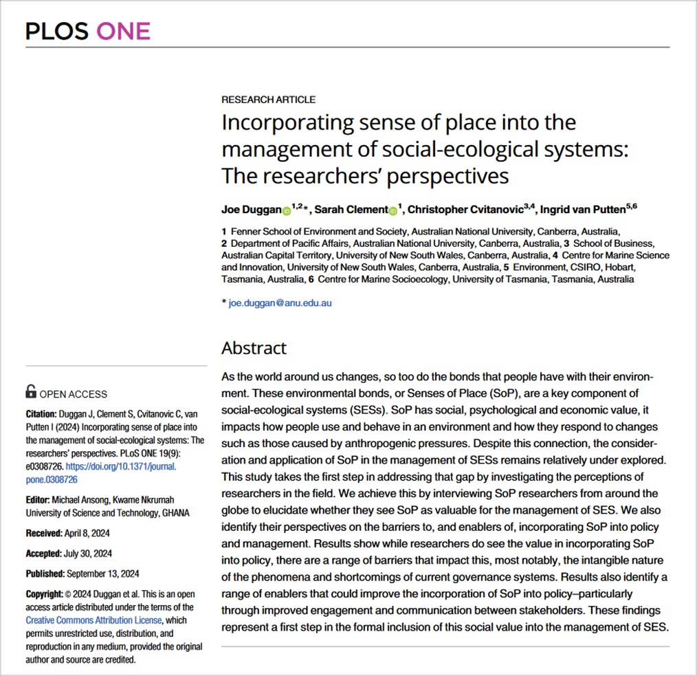 Links btw #SenseOfPlace (SoP) &amp; #SocialEcologicalSystems are important in considering safe operating spaces for humanity write Duggan @ChrisCvitanovic @i_vanputten in <a href="/PLOSONE/">PLOS One</a>. Their survey of researchers found enablers &amp; barriers affect SoP use in policy doi.org/10.1371/journa…