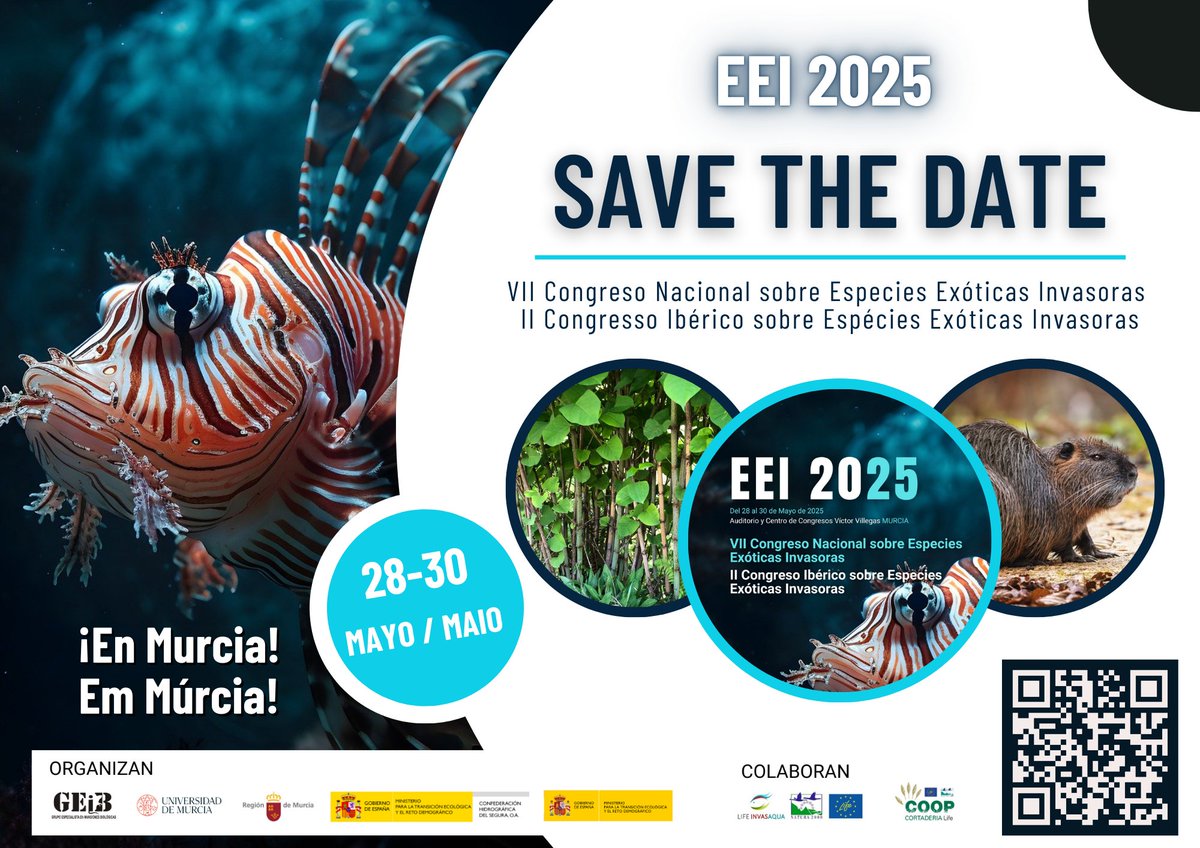 SAVE THE DATE‼️🇵🇹🇪🇸🌿🐟🦝Próximo congreso Ibérico sobre Especies Invasoras 🧐👇
Apertura de inscripciones el 1 de noviembre.
Toda la información/Mais informações: sites.google.com/view/eei2025/h…
