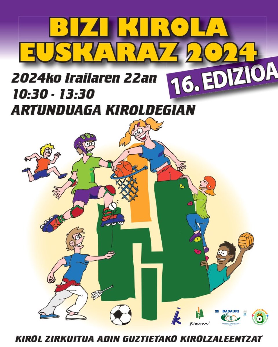basauritarrak's tweet image. 👋 Kaixo! 🎽 Igande honetan Bizi Kirola Euskaraz Basaurin!

⚽️🏀🏓🏐🛼⚾️🏅🏸 17 kirol talde, 10 kirol ezberdin, 25 ariketa eta hamaika sari!

🗓️ Irailak 22, igandea
📍Artunduaga kiroldegian (Basauri)
⏰ 10:30 - 13:30

#basauri #basauritarrak