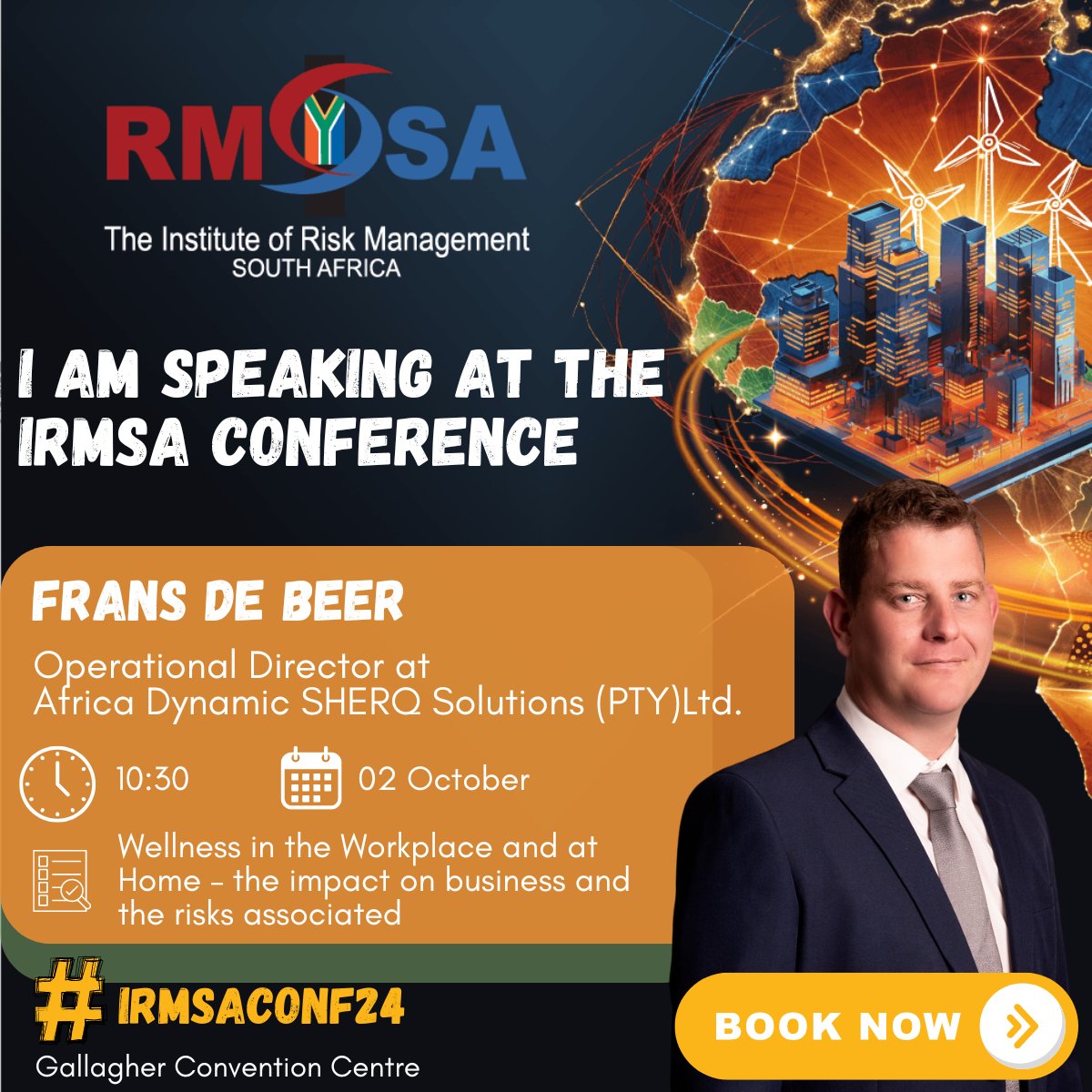 🎤 SPEAKER ANNOUNCEMENT

🌿 Frans de Beer from Africa Dynamic SHERQ Solutions will discuss wellness in the workplace at #IRMSAConf24. 

📅 Oct 1-2, 2024

📍 Gallagher Convention Centre

🔗 Register: irmsa.org.za/page/conference
#SustainablySpeaking