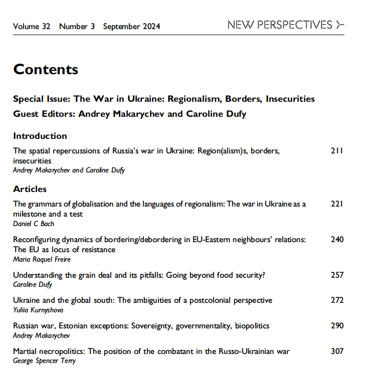 CEENewP's tweet photo. Issue 3 of New Perspectives 2024 is now out! A Special Issue on the War in Ukraine: Regionalism, Borders, Insecurities. Guest edited by Makarychev and Dufy. Interventions on globalisation/ regionalism, postcolonial, exceptionalism, food security, EU Foreign P, and necropolitics. https://t.co/Q1R0W0TkV7