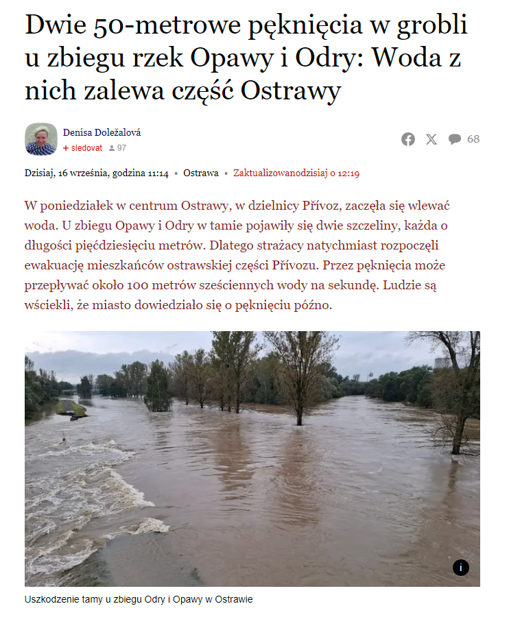 Kleopatrius95's tweet photo. Od sąsiadów z Czech też niezbyt ciekawe informacje.   W Ostrawie podobno pękła tama  u Zbiegu Opawy oraz Odry.  Może ktoś jest w stanie potwierdzić na 100% ?

Źródło: https://t.co/gkwN5W1f6y #powódź https://t.co/8Om23AM0Jn