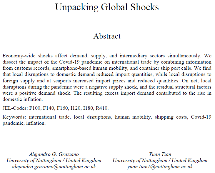 🚨New Working Paper🚨

“Unpacking Global Shocks”, w/Yuan Tian

Local disruptions along the supply chain during the pandemic reduced import quantities and raised import prices, working as a negative export supply shock and contributing to inflation in small economies.

🧵&amp;🔗below!
