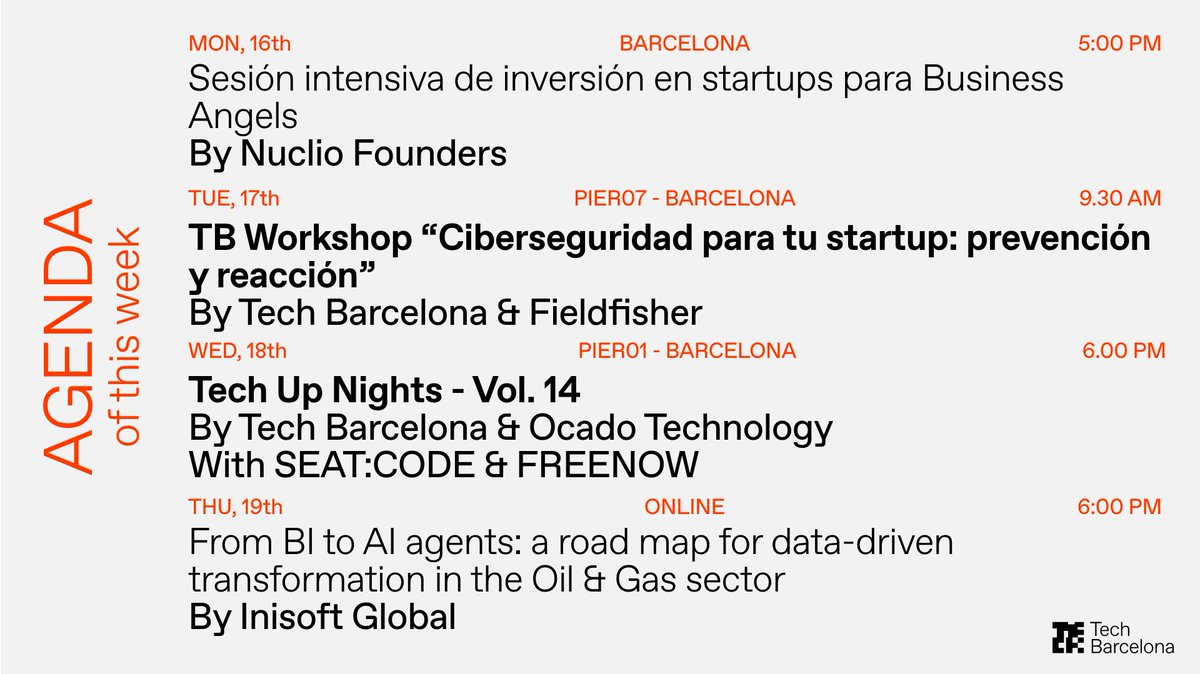 TechBarcelona's tweet photo. September Agenda is getting sooo exciting🤩

🗓️Tue 17 - 9am
#TBworkshop Ciberseguridad para tu startup: prevención y reacción w/ @Fieldfisher_es
https://t.co/zoEzCLGTid

🗓️Wed 18 - 6pm
#TechUpNights Vol 14 w/ @OcadoTechnology @seat_code &amp; @FreeNow_ES
https://t.co/h4oOoQ6Kly

👀👇 https://t.co/RgMB196yC6