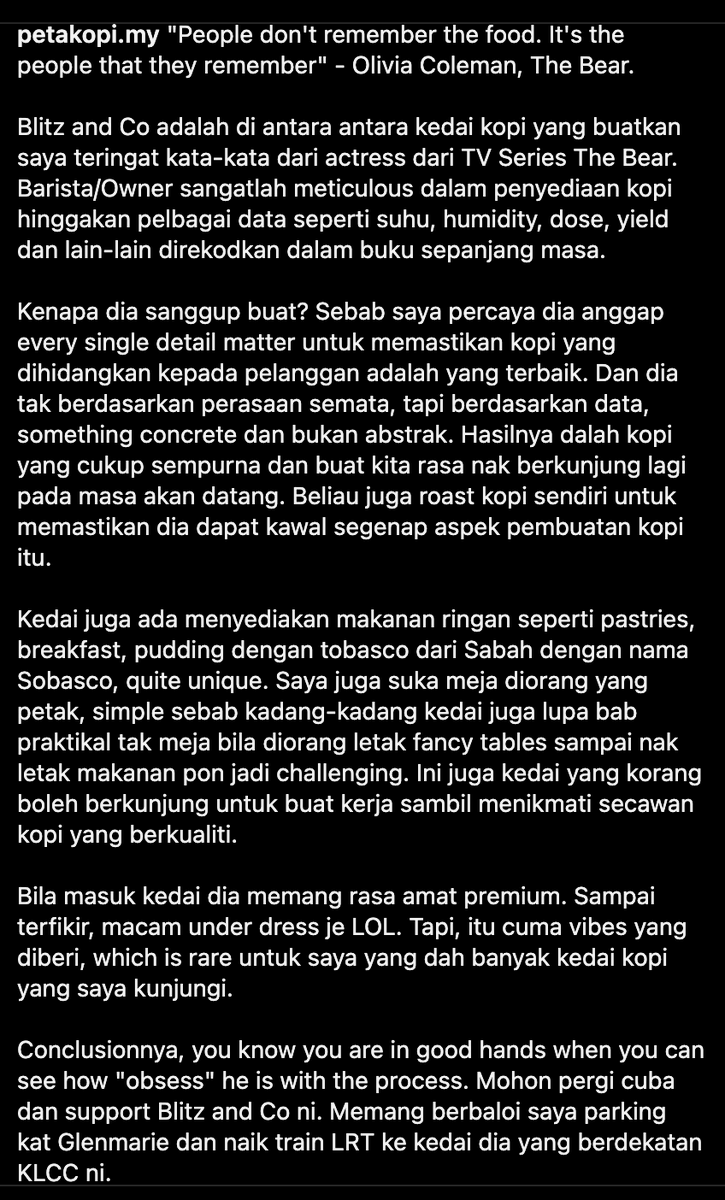 petakopi_my's tweet photo. Blitz and Co, KL

"People don't remember the food. It's the people that they remember" - Olivia Coleman, The Bear.

Blitz and Co adalah di antara antara kedai kopi yang buatkan saya teringat kata-kata dari actress dari TV Series The Bear. 

https://t.co/geuotwtFKT

cc @ngopiss https://t.co/89VJqldvIl