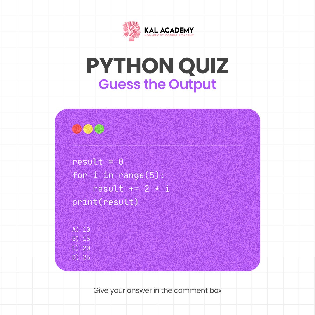 KalAcademy's tweet image. Test your coding knowledge with our daily Python quiz!🐍💪
Can you crack this loop challenge?
Share your answer in the comments, and let's see who's got their Python skills on point!
#PythonPuzzle #CodingChallenge #LearnToCode #PythonQuiz