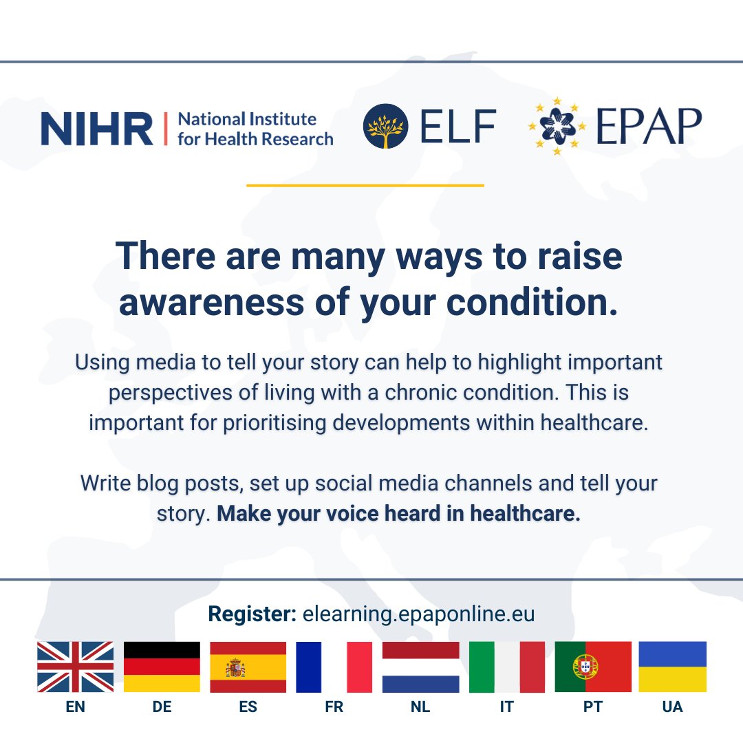 EuropeanLung's tweet photo. A key role of a patient representative is improving awareness of your condition. Our ‘Working with the media’ #EPAP module explores how you can use online tools and media opportunities to promote what matters most.
Find out more here: https://t.co/zqREsJQkLK https://t.co/MwQ1hHPI25