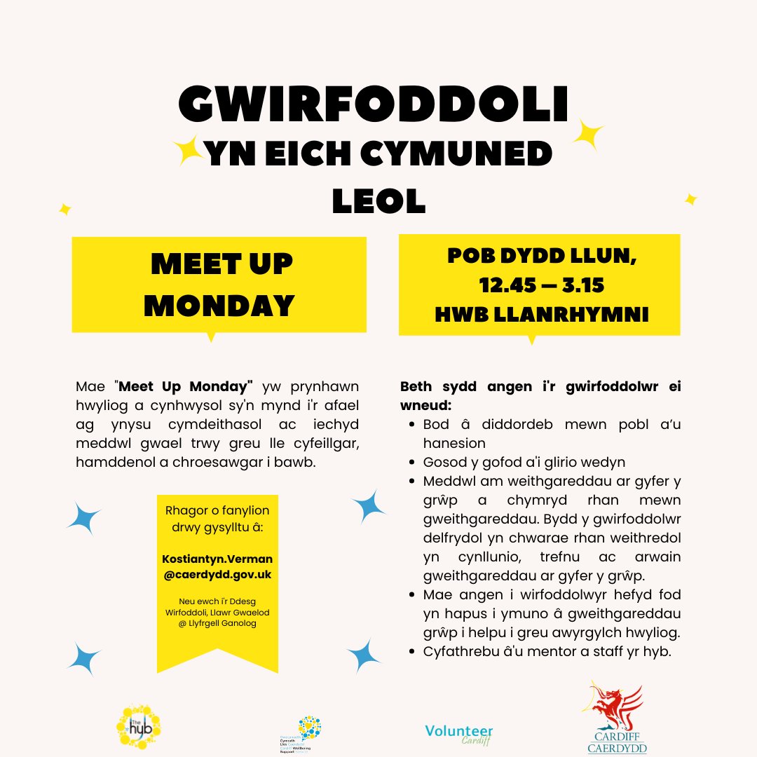 Rydym yn chwilio am wirfoddolwyr brwdfrydig a chyfeillgar i gefnogi ein grŵp cynhwysol Cwrdd ar Ddydd Llun yn Hyb Llanrhymni, allwch chi helpu

Manylion isod: linktr.ee/cardiff.wellbe…