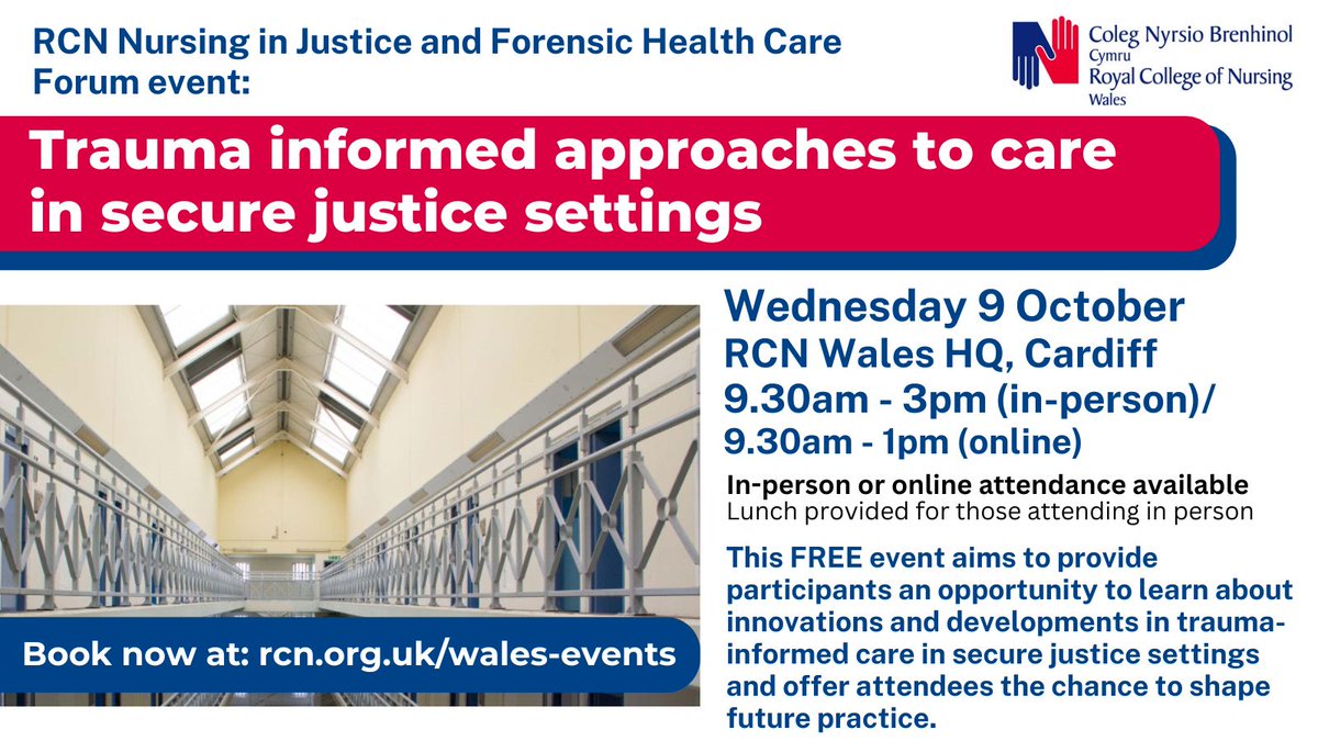 Royal College of Nursing Wales (@rcnwales) on Twitter photo Join us for an <a href="/RCNjusticeforum/">RCN Nursing in Justice & Forensic Healthcare Forum</a> event where you'll have the opportunity to learn about innovations and developments in trauma informed care in secure justice settings and the chance to shape future practice.
π Wed 9 Oct
π€ 9.30am-3pm
π Cardiff/online
π bit.ly/3XctqxG Join us for an <a href="/RCNjusticeforum/">RCN Nursing in Justice & Forensic Healthcare Forum</a> event where you'll have the opportunity to learn about innovations and developments in trauma informed care in secure justice settings and the chance to shape future practice.
π Wed 9 Oct
π€ 9.30am-3pm
π Cardiff/online
π bit.ly/3XctqxG