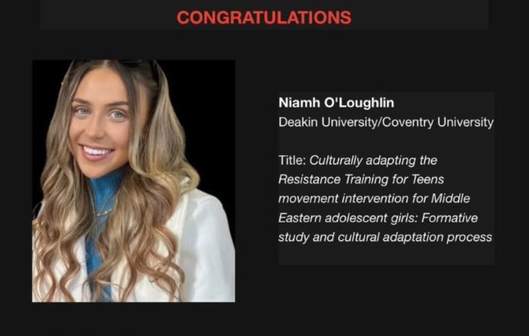 PESS @ UL (@pesslimerick) on Twitter photo Huge congratulations to <a href="/oloughlin_niamh/">Niamh O'Loughlin</a>, a PESS Physical Education graduate, who was recently awarded the Graduate Student Research Grant from the <a href="/IMDRC_MotorDev/">I-MDRC</a> for her PhD research at <a href="/Deakin/">Deakin University</a> / <a href="/covcampus/">Coventry University</a>.
Well done on this achievement and best of luck Niamh! 👏 Huge congratulations to <a href="/oloughlin_niamh/">Niamh O'Loughlin</a>, a PESS Physical Education graduate, who was recently awarded the Graduate Student Research Grant from the <a href="/IMDRC_MotorDev/">I-MDRC</a> for her PhD research at <a href="/Deakin/">Deakin University</a> / <a href="/covcampus/">Coventry University</a>.
Well done on this achievement and best of luck Niamh! 👏
