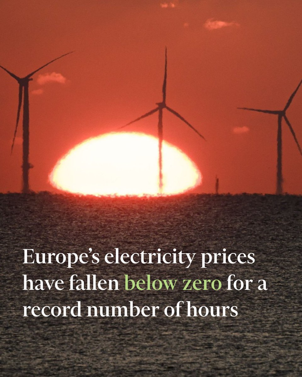FT's tweet photo. Prices have fallen below minus €20 per megawatt hour in some cases, as solar and wind power outpaces the continent’s ability to deal with excess supply. https://t.co/ERkF1Dfiyt https://t.co/10jIU1Y78m