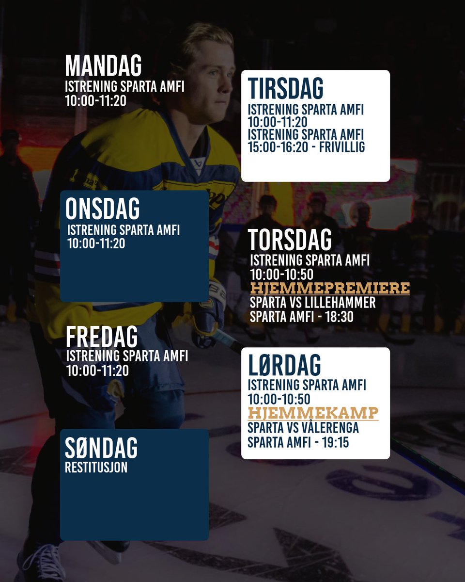 SpartaUka ⏩ 

Hjemmepremiere og lørdagskamp i Amfi’n denne uka! Guttæne skal fortsette å mate på, og vi er helt sikre på at begge kampene denne uka blir fantastisk spennende og underholdene 👊🏼🤩💙🫧 

Kjøp billetter til kampene her: sparta.ticketco.events/no/nb/m 

Vi ses i Amfi’n 👏🏼