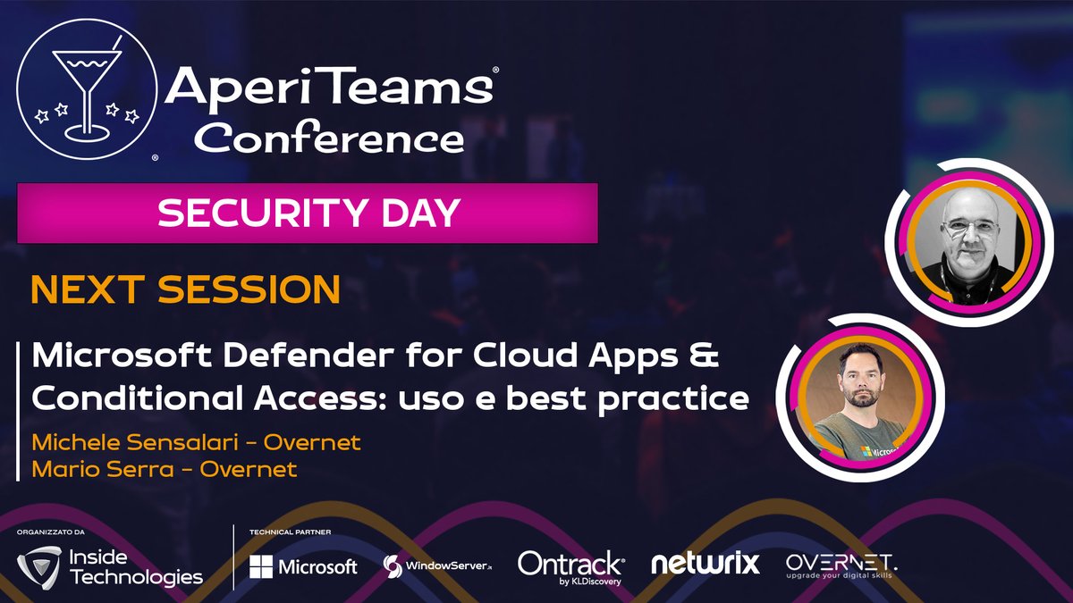 InsideTech_it's tweet image. 📢 #AperiTeams Conference Session Announcement

🚀 Microsoft Defender for Cloud Apps &amp;amp; Conditional Access: uso e best practice
🗣️ Michele Sensalari - Mario Serra
📆 9 ottobre
⌚ Ore 14:00
🎟️ Iscrizioni: aperiteams.it

#InsideTechnologies