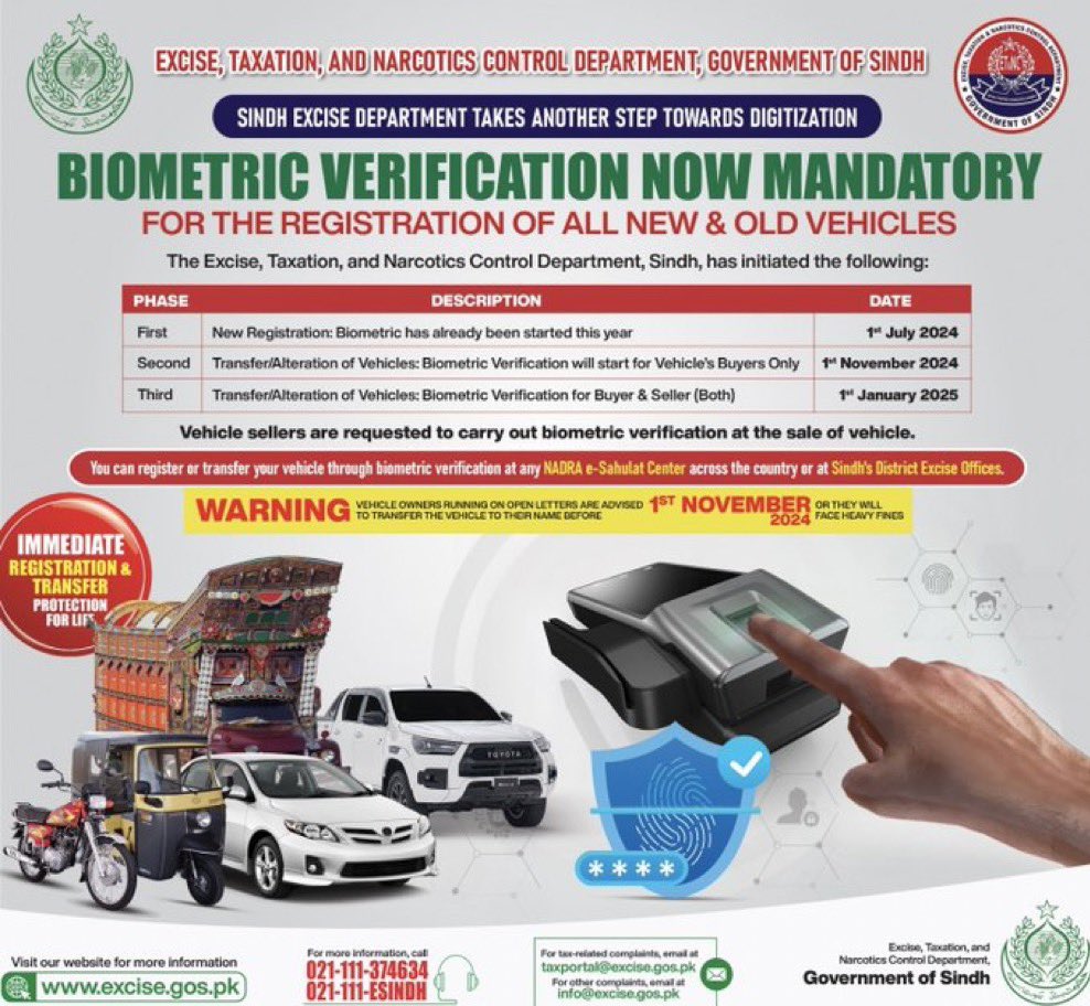 TalalChandio's tweet photo. #Sindh goes digital! Excise Dept introduces biometric verification for vehicle registrations & transfers, making processes secure & efficient #SindhExcise https://t.co/AgW3LeZNlC