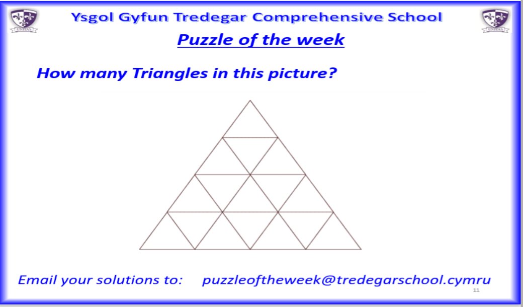Bore Da YGTCS below is your puzzle of the week! 

Try and find all the triangles in this image to earn pride points and a raffle ticket this week.

Please send your solutions to puzzleoftheweek@tredegarschool.cymru or bring paper solutions to Mr Vokes in J9.