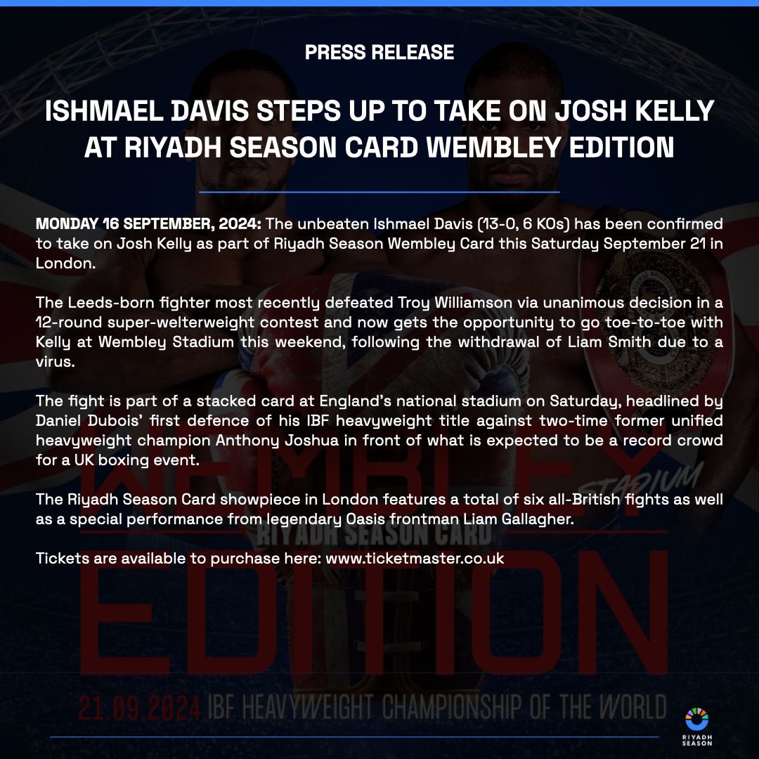 Turki_alalshikh's tweet photo. Liam Smith has suffered a health setback we wish him a speedy recovery ❤️
He will be replaced by Ishmael Davis in the #RiyadhSeasonCard Wembley Edition on September 21 🥊

Book your ticket now 
https://t.co/2LTK2LOAn7

#BigTime 
#RiyadhSeason https://t.co/4Zn4eQ8aG5