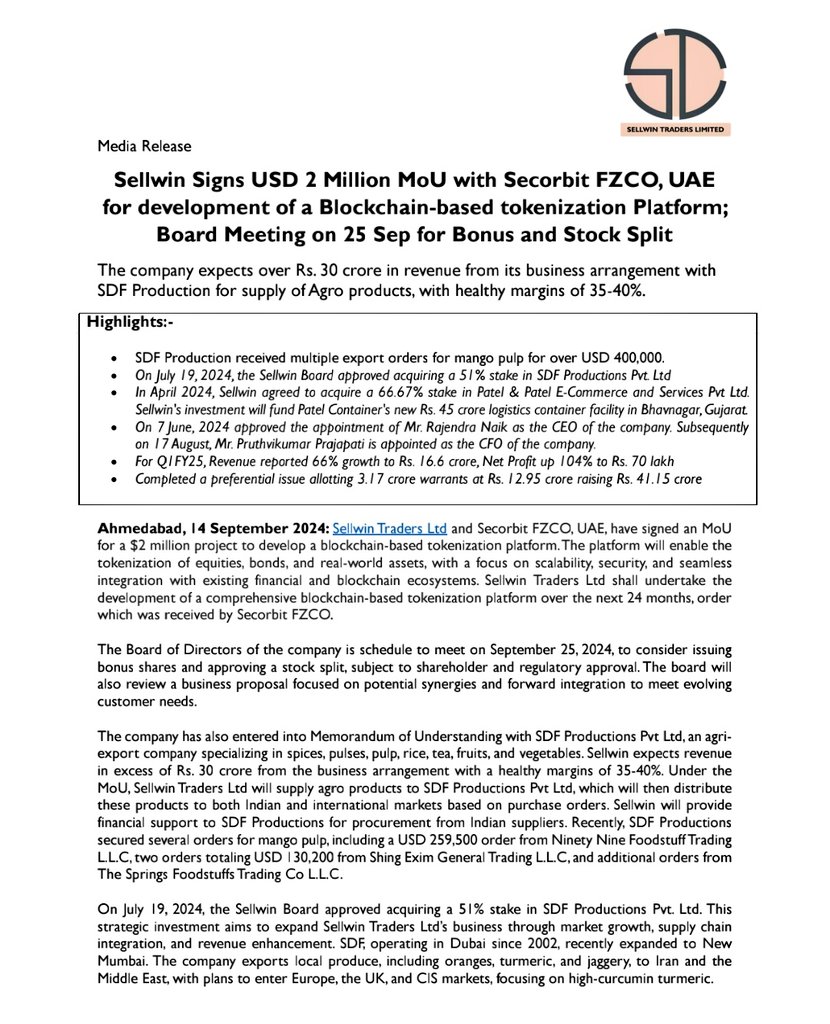 Yuvraj_77's tweet photo. Sellwin Traders Ltd signs $2 million MoU with Secorbit FZCO, UAE for a blockchain-based tokenization platform. Bonus shares and stock split are on the cards.

STOCK - #SELLWIN - CMP - 28 

Follow Me For Real-time Updates About Stock Market 👉 @Yuvraj_77 https://t.co/S75hBen0nJ