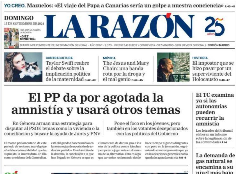 Ritaalberdi's tweet image. “El PP da por agotada la amnistía y usará otros #temas”
Esta es una de las portadas más verídicas y transparentes de La Razón y de los AUTÉNTICOS INTERESES y las POLÍTICAS del PP. 
Amnistía, Venezuela, ETA, Migración, España se rompe o Begoña Gómez: #TemasPP
Bravo, Marhuenda!👏🏼