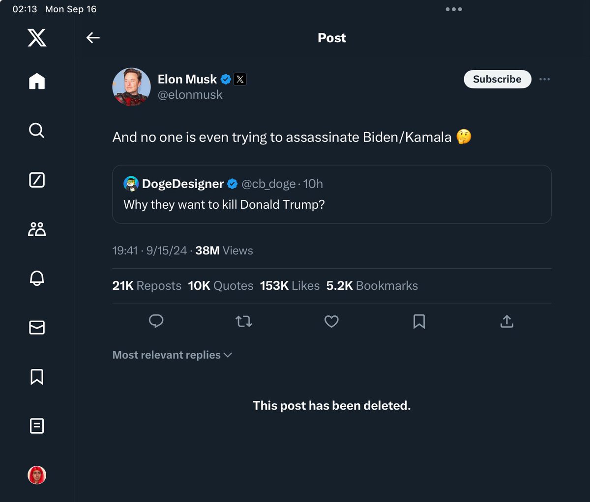 Caught the dirty delete.

Btw, people try to assassinate major presidential candidates all the time. It’s only recently that the Secret Service has (embarrassingly) failed to prevent any shots being fired since Regan.
