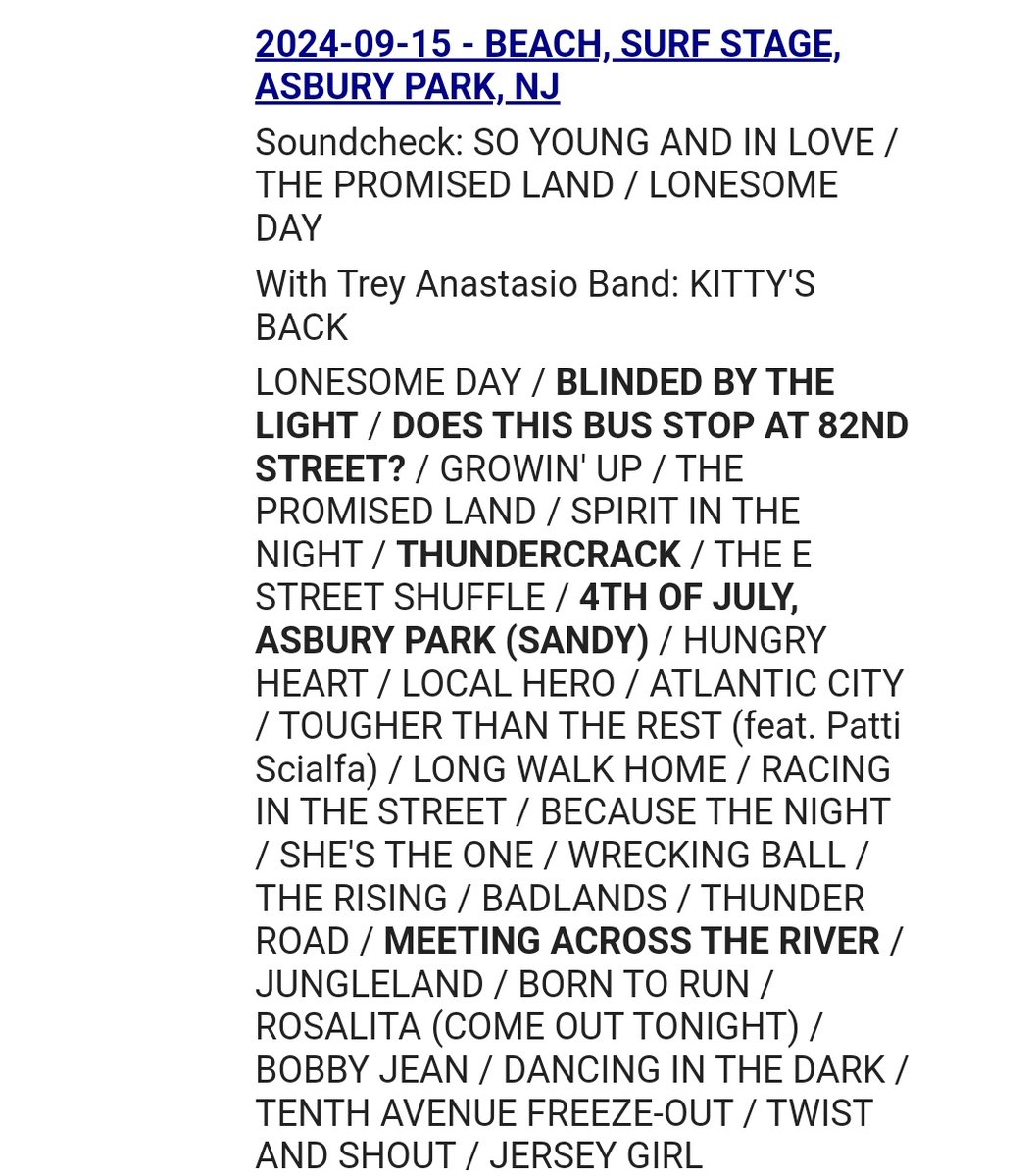 BruceTourNews's tweet photo. THE SETLIST OF THE YEAR!!
6 tour debuts, including blinded by the light, Sandy and Thundercrack, and the comeback of Jersey Girl, Growin' up, Tougher than the rest with Patti and JUNGLELAND 🤯🤯🤯🎸🎸 https://t.co/PRwNhrYj3K