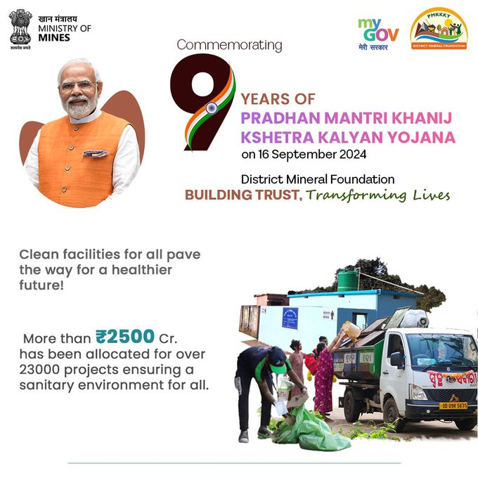 MDigitalBharat's tweet photo. Clean facilities for all lead to a healthier future!  Over Rs 2500 Cr. has been allocated for more than 23,000 projects to ensure a sanitary environment for everyone.  #9YearsOfPMKKKY #NewIndia #MiningInIndia https://t.co/YeDrXmijn9