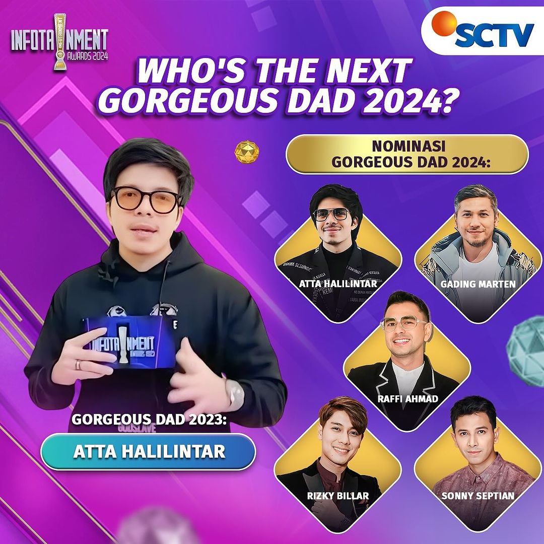 SCTV's tweet photo. Tahun lalu “Gorgeous Dad” dimenangkan oleh Papatta alias Atta Halilintar, tahun ini siapakah yang akan membawa pulang piala “Gorgeous Dad” Infotainment Awards 2024? 👀❤️

Dukung dan nantikan #InfotainmentAwards2024 SEGERA di SCTV!

#InfotainmentAwards2024 #SCTVSpesial #IA2024 #InfotainmentAwards