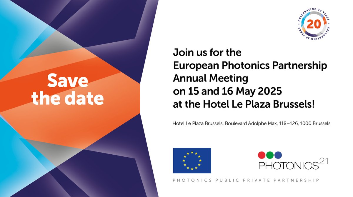 📢Save the date for the next #Photonics Partnership Annual Meeting &amp; celebrate with us the 20th anniversary of Photonics21! 🍾

📆15 &amp; 16 May 2025, Le Plaza Hotel Brussels

Further details soon on our website: 
photonics21.org/events-worksho…

#PPAM2025 #photonics