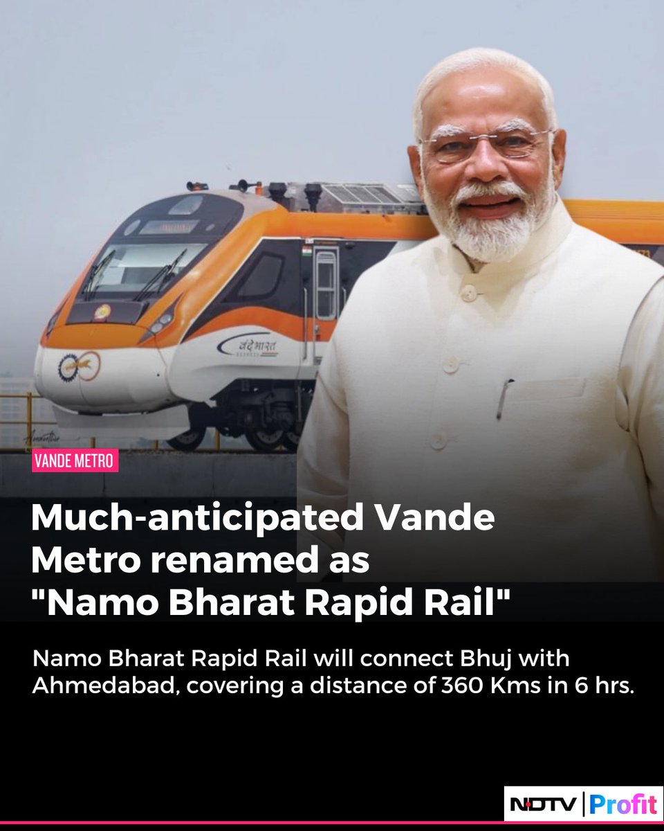 NDTVProfitIndia's tweet image. #VandeMetro officially renamed as "Namo Bharat Rapid Rail" by #IndianRailways.

Read more: bit.ly/4d34UF7