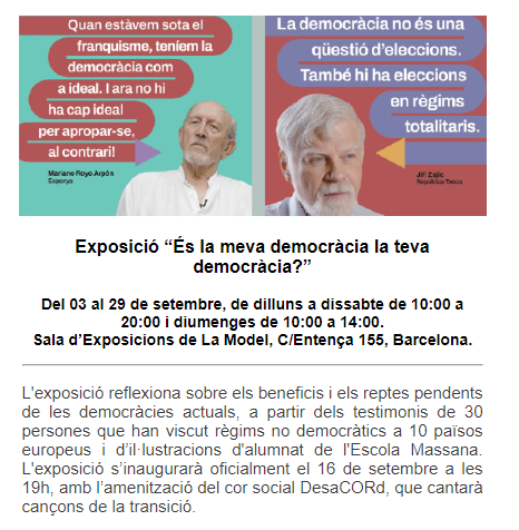 escolapau's tweet photo. Avui a les 19h inaugurem l'Exposició "És la teva democràcia la meva democràcia?" a La Model, amb testimonis de persones que han viscut transicions democràtiques a diferents països europeus. 
Partint d'un repte: Com aprendre del passat sense polaritzar? Com fer memòria inclusiva? https://t.co/1EVvHcpZlE