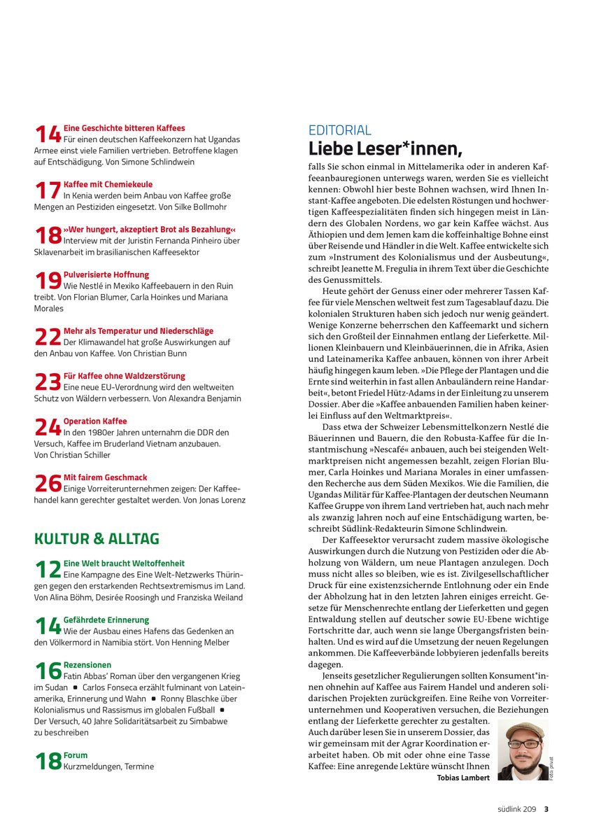 Über die Macht der weltweiten Kaffeekonzerne und den Kampf für einen gerechteren Kaffeemarkt: Der neue Südlink 209 von @inkota zum Thema Kaffee ist erschienen: 👇
inkota.de/news/suedlink-…