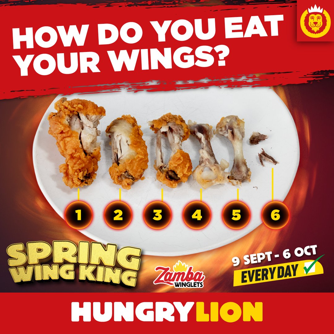 hungrylion's tweet photo. How do you eat your wings? Tell us which number you are in the comments below and stand a chance to WIN a Bucket of 40 Wings!
Competition ends midnight 16 September. Winners announced Tuesday 17 September
Don't miss out on Spring Wing King in store everyday until 6 Oct
#HungryLionWingDeals #HungryLikeALion #SpringWingKing