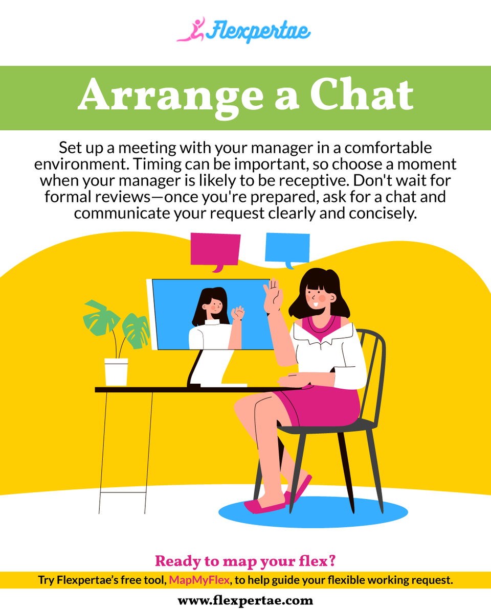 Flexpertae's tweet photo. Set up a meeting with your manager when the time is right. Be clear and concise in your request—don’t wait for formal reviews! 💼 Ready to map your flex? Try Flexpertae’s free tool, MapMyFlex, to guide your flexible working request.

#flexpertae #flexibleworking #worklifebalance https://t.co/WDqm3iLXqD