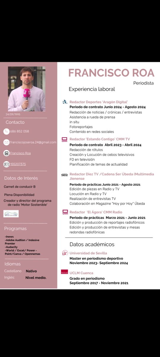 Recientemente ha concluido mi formación como redactor deportivo en Grupo Aragón Digital, donde me han dado la oportunidad para seguir creciendo.

Actualmente me encuentro en activo en el mercado laboral.

Gracias y un saludo

#empleo #periodismo #deporte #comunicación