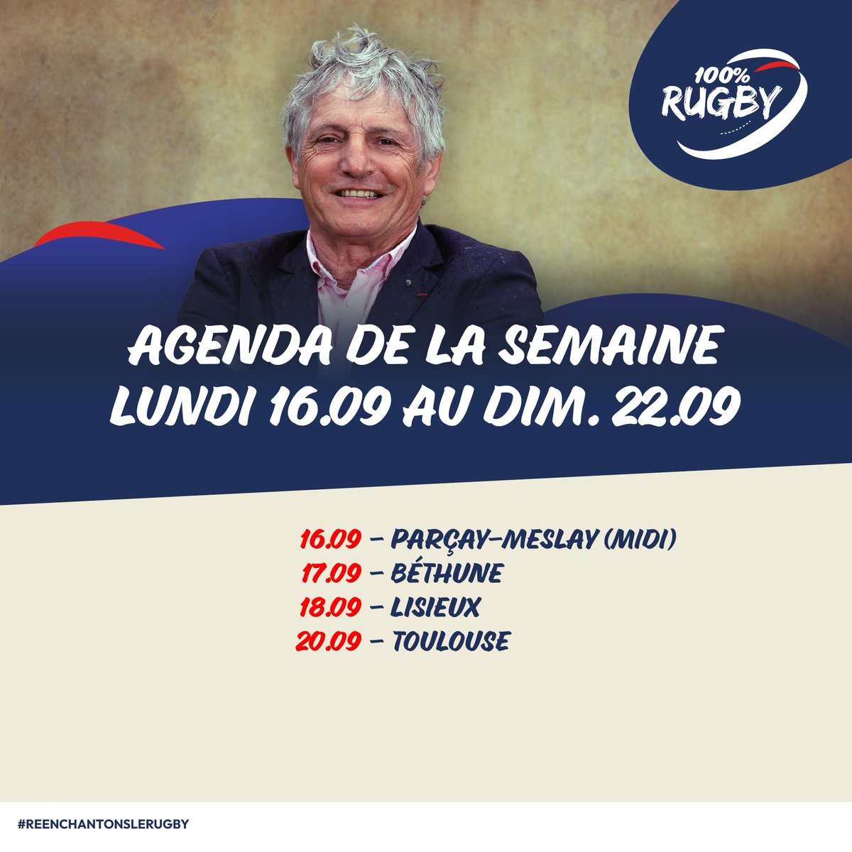 On continue d'aller à la rencontre des clubs !

16/09 - Parçay-Meslay (midi)
17/09 - Béthune
18/09 - Lisieux
20/09 - Toulouse

Réenchantons le rugby ! 🏉 ✨

#ffr #rugby #rugbyamateur #rugbyprofessionnel #tourdefrancedesclubs #sport #codorugby2024