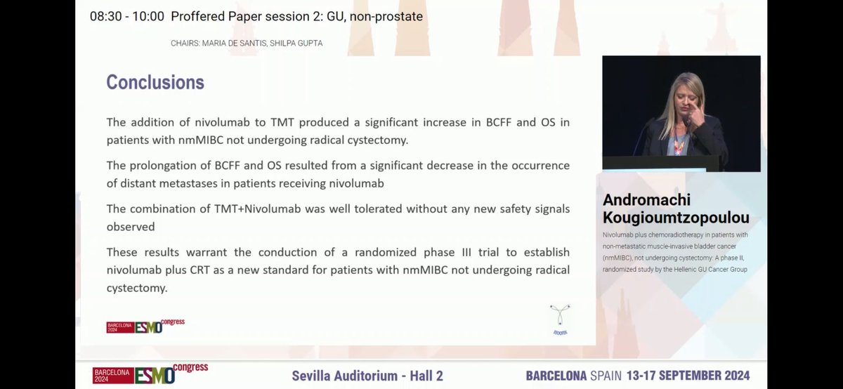 Interesting efficacy signal for bladder preservation (TMT) + nivolumab. 

Increased #bladdercancer free survival &amp; OS va TMT

No new safety issue. Additional data expected from <a href="/GETUG_Unicancer/">GETUG</a> Bladder Sparing study. 

Larger trials needed.

#ESMO2024