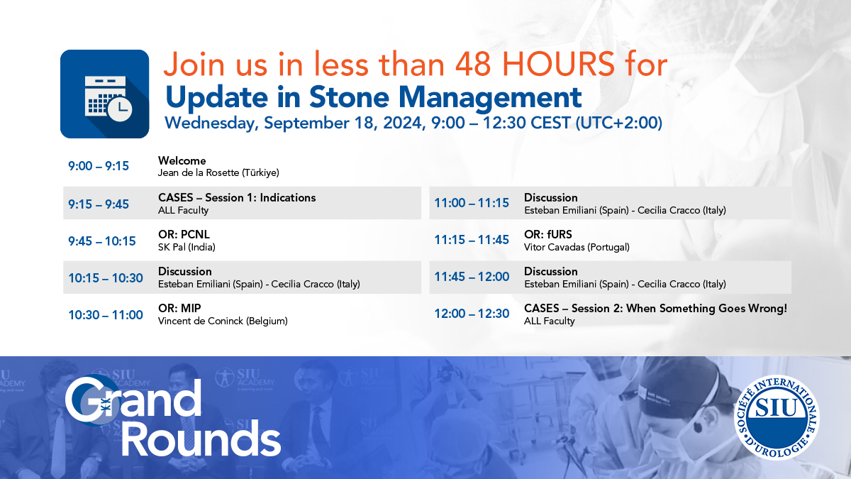 SIU_urology's tweet photo. ⏱⏳Less than 48 hours remain until the next #eGrandRounds Update in #StoneManagement. Discover the latest in #PCNL, #MIP, and #fURS procedures. Join us for this free educational event, register today!🔗https://t.co/3cspcVnONW
@emiliani_e @ShashiKiranPal @Endo_Cav @vdconinck https://t.co/UavUULwEJo