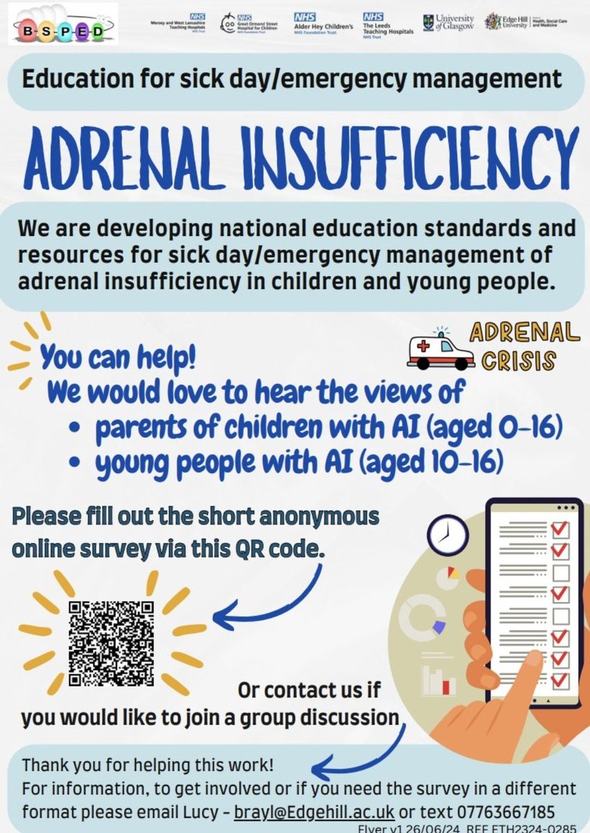 Help us shape national standards/ resources for #Adrenalinsufficiency #Addisons If you are a parent or young person with AI, please fill a short survey to help improve national education standards &amp; resources for managing Adrenal insufficiency. The study is funded by <a href="/BritSPED/">BSPED</a>
