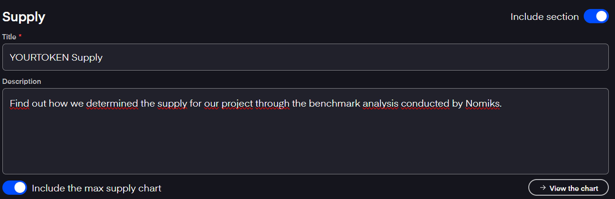 Nomiks7's tweet photo. How do you generate a light paper presenting your tokenomics using Nomiks Builder?

LIGHT PAPER

First, you will need to enter the general information for your light paper. This includes a title, a subtitle, and a general description of your project.

Next, you will move on to the supply stage. For this step, and all the following ones, you can choose whether or not to include them in the light paper.

Write the title and description of the section, then choose to include the generated chart in the supply section.

The following sections (allocations, funding, rewards, vesting) are structured the same way.

You can customize the title, include a description, and generate charts and tables for each element of your tokenomics.

You can even write the conclusion of your light paper directly on Nomiks Builder.

After preparing your light paper, you can finalize your document by entering additional information in the "Sharing" section:

Company Information:

- Company name
- Country of Incorporation
- Website

Backers:

- Backers names

Representative:

- Representative name
- Role
- LinkedIn public link
- Email

Example of the generated light paper: https://t.co/jlJDcWUuvv