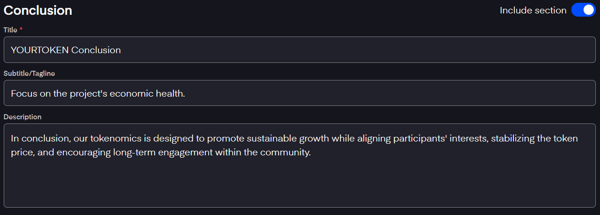 Nomiks7's tweet photo. How do you generate a light paper presenting your tokenomics using Nomiks Builder?

LIGHT PAPER

First, you will need to enter the general information for your light paper. This includes a title, a subtitle, and a general description of your project.

Next, you will move on to the supply stage. For this step, and all the following ones, you can choose whether or not to include them in the light paper.

Write the title and description of the section, then choose to include the generated chart in the supply section.

The following sections (allocations, funding, rewards, vesting) are structured the same way.

You can customize the title, include a description, and generate charts and tables for each element of your tokenomics.

You can even write the conclusion of your light paper directly on Nomiks Builder.

After preparing your light paper, you can finalize your document by entering additional information in the "Sharing" section:

Company Information:

- Company name
- Country of Incorporation
- Website

Backers:

- Backers names

Representative:

- Representative name
- Role
- LinkedIn public link
- Email

Example of the generated light paper: https://t.co/jlJDcWUuvv