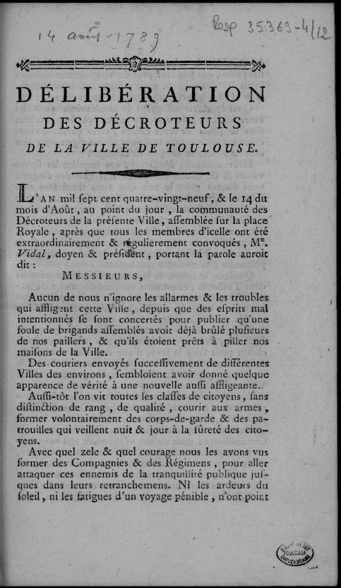 #JournéeMondialeDuNettoyage
#Tolosana vous propose de découvrir cette pétition des décrotteurs de #Toulouse rédigée à l'occasion de la Grande Peur de 1789, où la rumeur de  l'arrivée d'une horde de brigands s'est propagée dans de nombreuses provinces : t.ly/VzQy-