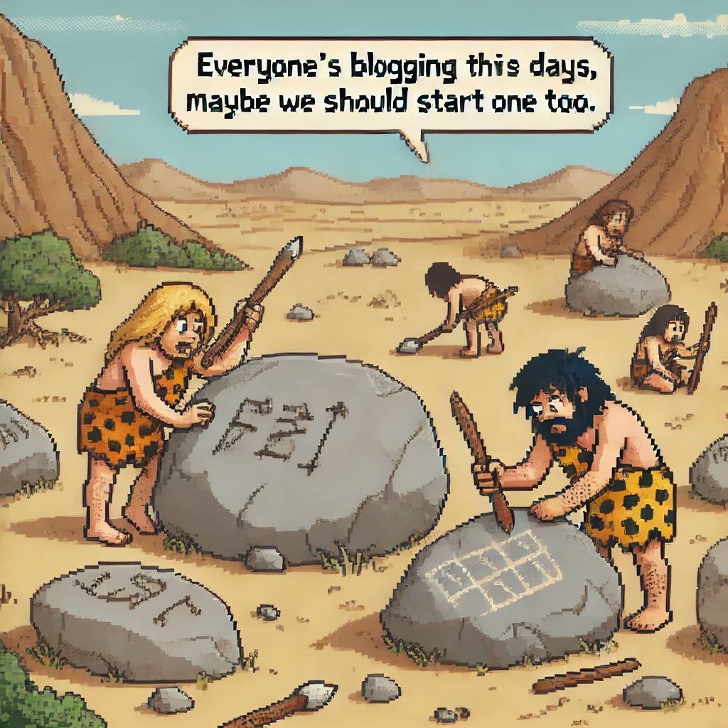GregRalphQ's tweet image. #PixelArt #CavemanHumor 'Everyone's blogging these days, maybe we should start one too!' 🪨✍️ #RetroHumor #Comic #ThrowbackThursday #PixelComics