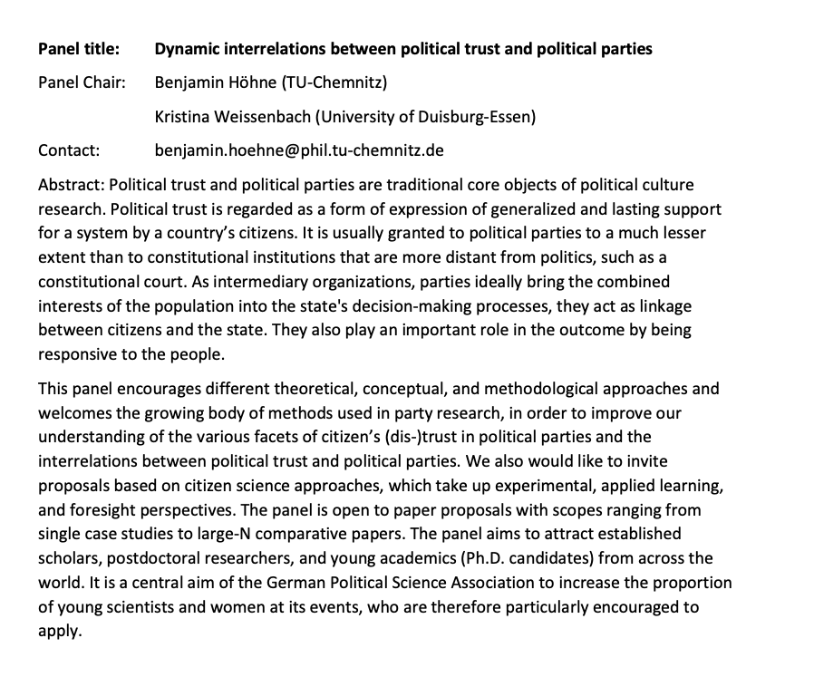 BenHoeh's tweet photo. Call for Papers for the Panel "Dynamic Interrelations between Political Trust and Political #Parties" (with @k_weissenbach)

At the @dvpw conference on “Citizen Trust and Social Polarization in Times of Transformation” on 27 and 28 March 2025 @Saar_Uni

https://t.co/HJe19vr7Bf https://t.co/iGOphuafvN