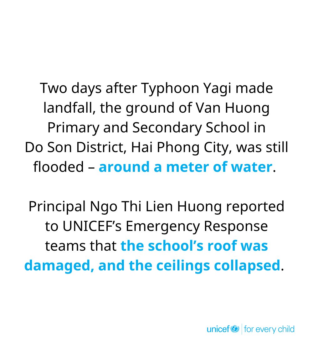 UNICEF_vietnam's tweet photo. More than 800 schools are estimated to have been damaged by #TyphoonYagi. Approximately 2 million children have been left without access to education, psychosocial support, &amp; school feeding programmes. 

UNICEF is working with partners to get children back to school. https://t.co/CDaa9qXXxU