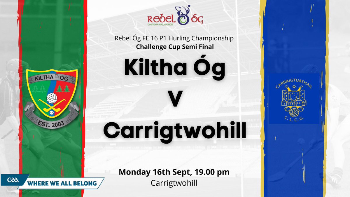 U16 P1 Challenge Cup semi-final is on tonight in <a href="/Carrig2hillGAA/">Carrigtwohill GAA</a>. Please come out and support the boys.